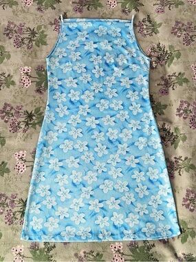 Vintage Y2K Beware Bikini Bottom Floral Blue Mini Dress 💙